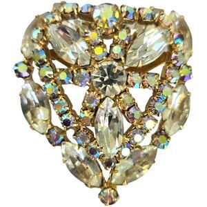 Vintage Heart Brooch Clear Aurora Borealis Rhinestone Navette Gold Tone Romantic